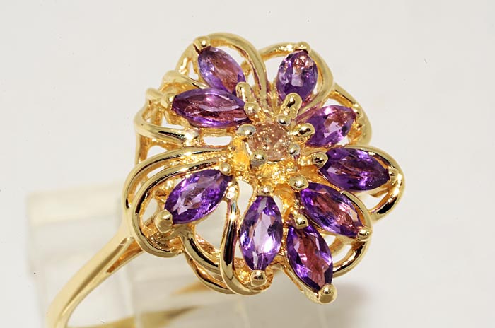 96CT MARQUISE CUT AMETHYST & COGNAC DIAMOND RING SIZE 8  