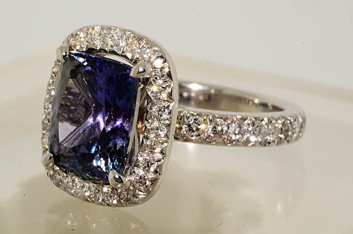   77CT CUSHION CUT AAA TANZANITE & DIAMOND RING PLATINUM VS SIZE 4