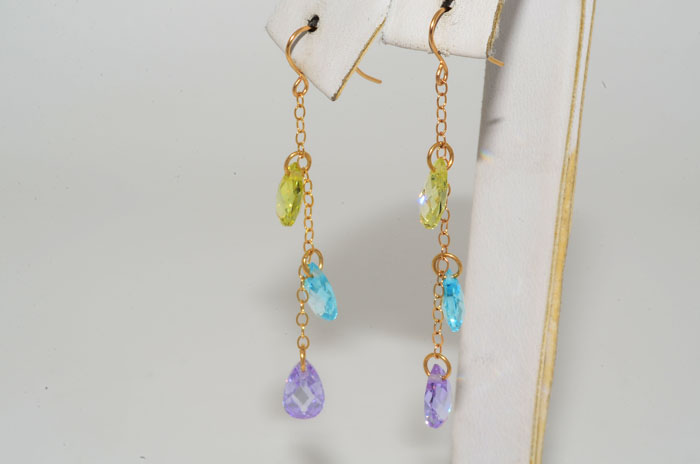 23CT BRIOLETTE CUT MULTI COLORED TOPAZ 3 STONE EARRINGS  