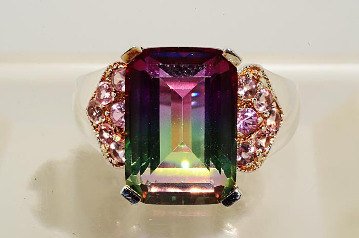 500 12.29CT EMERALD CUT MYSTIC TOPAZ & PINK TOPAZ RING SIZE 7  