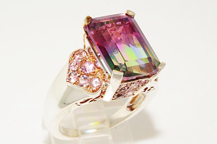 500 12.29CT EMERALD CUT MYSTIC TOPAZ & PINK TOPAZ RING SIZE 7  