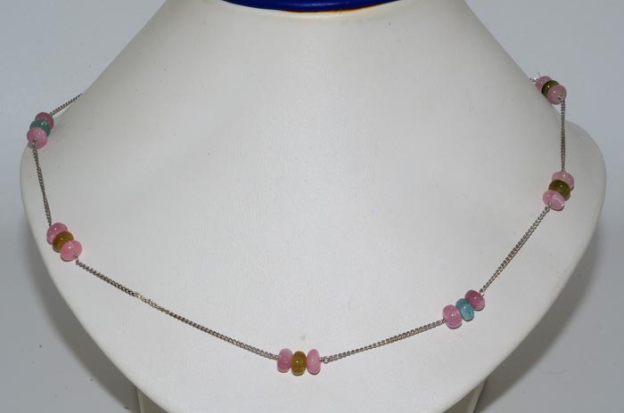 00CT PINK QUARTZ, BLUE TOPAZ & PERIDOT RONDELL CUT NECKLACE  